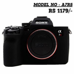 Custom-fit black silicone camera case for Sony a7R V (A7R5) model, showing the non-slip grip texture and lens mount opening.