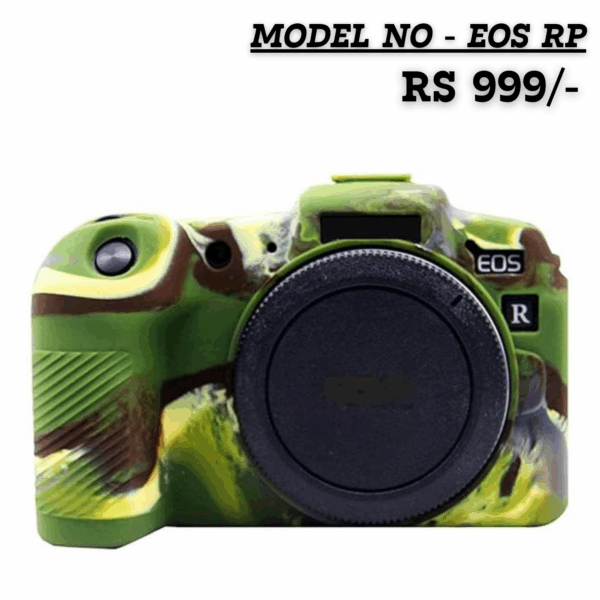 Close-up of a Canon EOS RP camera fitted with a green and brown camouflage patterned silicone rubber cover, showing the front view with a black lens cap attached.