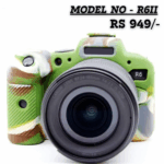 Military Green Camouflage Silicone Protective Cover for Canon EOS R6 Mark II (R6II) mirrorless camera, shown from the front with a lens attached. The text overlay reads "MODEL NO - R6II RS 949/-".
