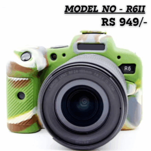 Military Green Camouflage Silicone Protective Cover for Canon EOS R6 Mark II (R6II) mirrorless camera, shown from the front with a lens attached. The text overlay reads "MODEL NO - R6II RS 949/-".