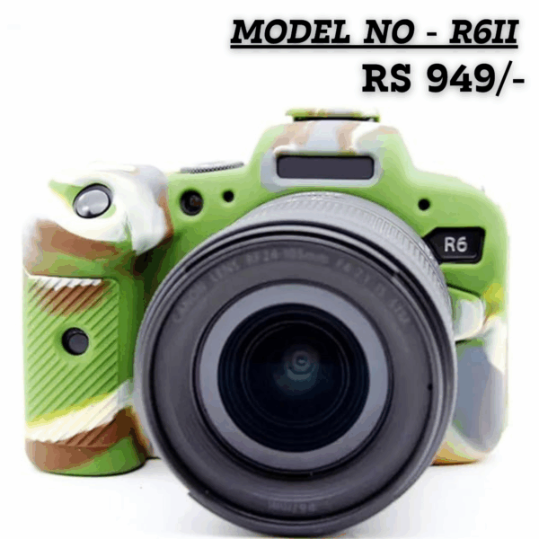 Military Green Camouflage Silicone Protective Cover for Canon EOS R6 Mark II (R6II) mirrorless camera, shown from the front with a lens attached. The text overlay reads "MODEL NO - R6II RS 949/-".