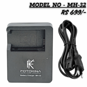 Black FOTOKINA MH-32 battery charger and AC power cable for digital cameras, showing the battery slot and price tag of RS 699.