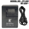 Black Fotokina FV100 Battery Charger for Sony FV-100 series, showing the LCD display and included 2-pin power cable.