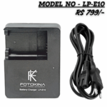 FOTOKINA LP-E10 Battery Charger with power cord for Canon EOS cameras (like 1300D, 2000D). Black charger priced at Rs 799.