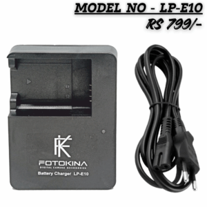 FOTOKINA LP-E10 Battery Charger with power cord for Canon EOS cameras (like 1300D, 2000D). Black charger priced at Rs 799.