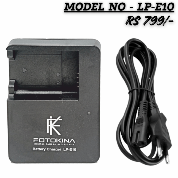 FOTOKINA LP-E10 Battery Charger with power cord for Canon EOS cameras (like 1300D, 2000D). Black charger priced at Rs 799.