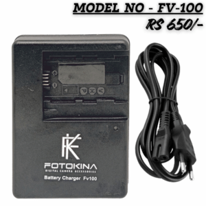 Black Fotokina FV100 Battery Charger for Sony FV-100 series, showing the LCD display and included 2-pin power cable.