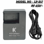 "Fotokina LP-E17 Digital Camera Battery Charger and AC power cord. The charger is black, compatible with Canon LP-E17 batteries, and is priced at Rs 650/-."