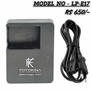 "Fotokina LP-E17 Digital Camera Battery Charger and AC power cord. The charger is black, compatible with Canon LP-E17 batteries, and is priced at Rs 650/-."
