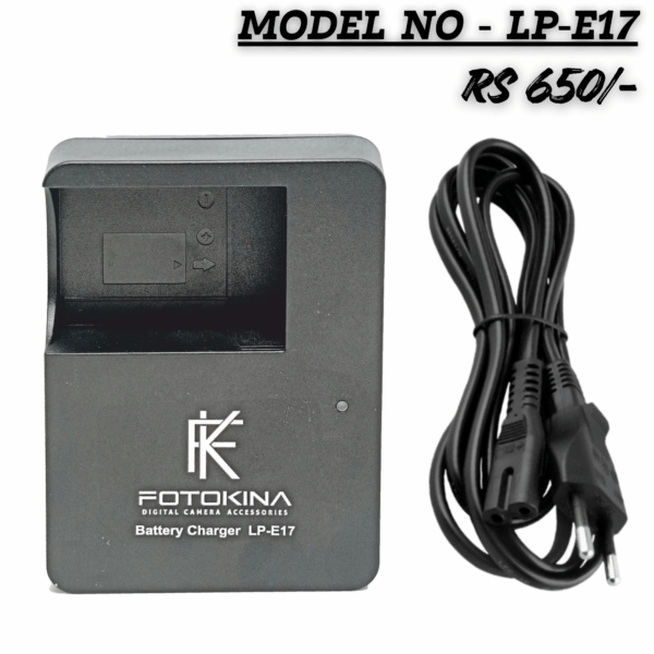 "Fotokina LP-E17 Digital Camera Battery Charger and AC power cord. The charger is black, compatible with Canon LP-E17 batteries, and is priced at Rs 650/-."