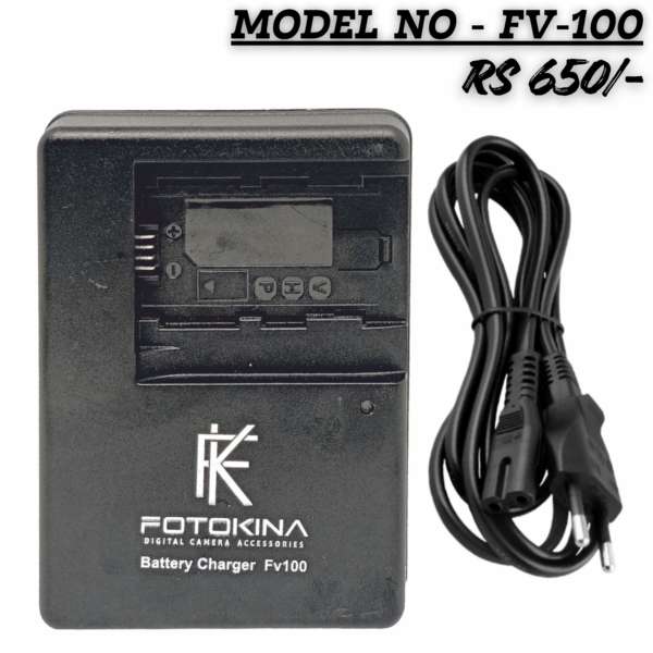Black Fotokina FV100 Battery Charger for Sony FV-100 series, showing the LCD display and included 2-pin power cable.