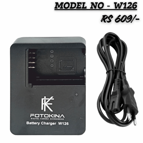 FOTOKINA W126 Digital Camera Battery Charger (black) with a power cord, labeled "MODEL NO - W126" and priced at "RS 609/-".