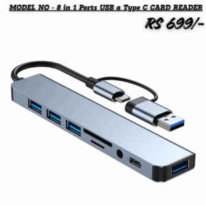 Model W235 - Fotokina 8-in-1 Ports USB-A and Type-C Card Reader/USB Hub. The image shows a long, sleek, silver-grey aluminum hub with dual host connectors (a detachable USB-C and standard USB-A plug). The hub has multiple ports visible: three blue USB 3.0 ports, two card slots (SD and TF), and a small audio or data port. The price is displayed as RS 699/-.