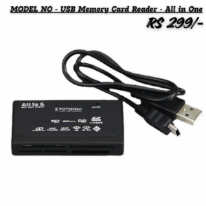 All-in-One USB Memory Card Reader (Model W235) for various formats including SD, MicroSD, M2, MMC, CF, and XD, featuring a USB 2.0 cable and listed for RS 299/-. The device is black and labeled "FOTOKINA."