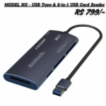 Dark blue USB Type-A 6-in-1 Card Reader with a short black cable and a blue USB 3.0 plug. The device is labeled "USB 2.0 HI-SPEED ALL-IN-ONE READER/WRITER" and features UHS-II support, with the price tag RS 799/- visible.