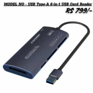 Dark blue USB Type-A 6-in-1 Card Reader with a short black cable and a blue USB 3.0 plug. The device is labeled "USB 2.0 HI-SPEED ALL-IN-ONE READER/WRITER" and features UHS-II support, with the price tag RS 799/- visible.